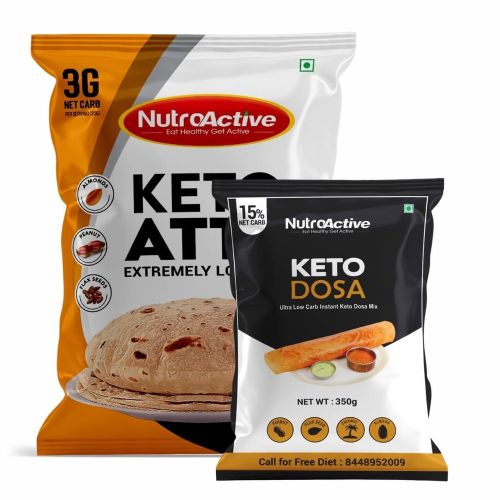NutroActive Keto Atta Extremely Low Carb Flour - 1kg with NutroActive Keto Dosa Mix Gluten Free - 350 gm