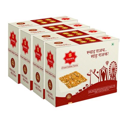 SAHU GAJAK BHANDAR Roasted Peanut Chikki 1400g | 4 x 350g Packs | Crunchy Chikki Bars | Gajak Jaggery Snacks | Gachak Chikki | Made with Cow Ghee | Premium Packaging