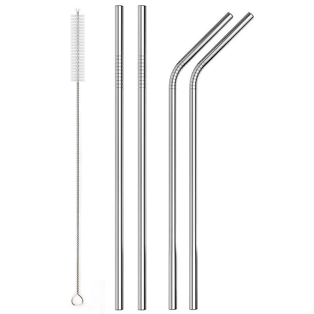 Eopzo BPA-Free Metal, Thick, Long, Dishwasher Safe Stainless Steel Drinking Straws, 8.5 Inches (2 Bend and 2 Straight and 1 Cleaning Brushes) (Set of 1)
