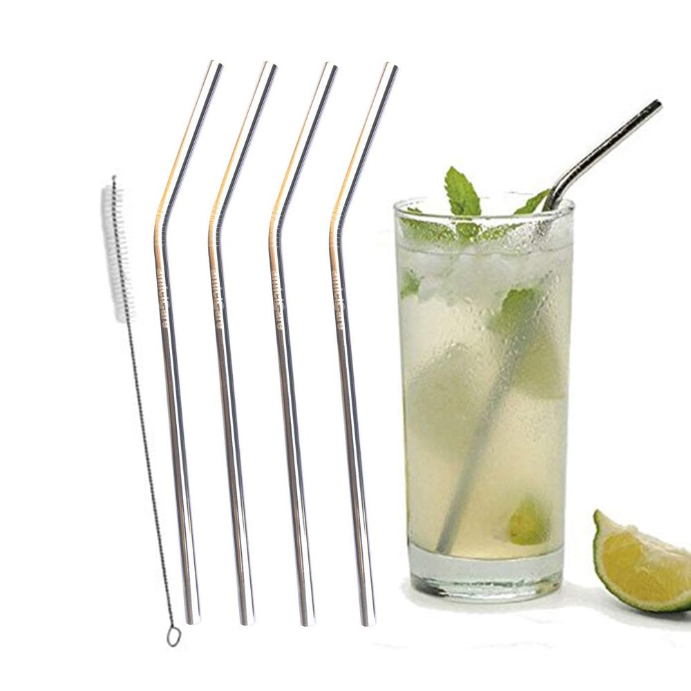 Eopzo Stainless Steel Reusable Beverage Drinking Straws with Straw Cleaning Brush SS 304 Food Grade (4 Bend and 1 Cleaning Brushes)