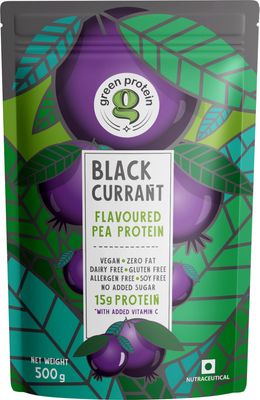 GREEN PROTEIN Pea Protein Isolate Powder, Vegan Plant Protein, No Added Sugar, 100% Vegan, Soy, Dairy, Gluten & Allergen Free, Black Currant Flavor, 15g Protein Per Serving, Pouch (500g)