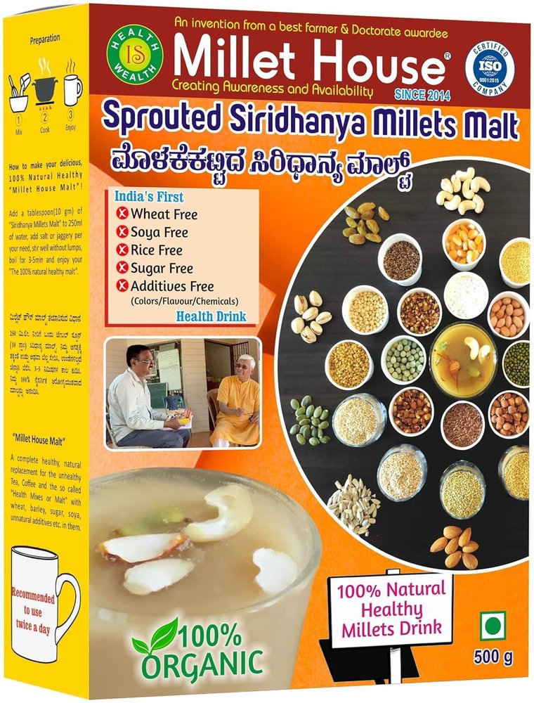 Millet House Sprouted Siri dhanya Millets Malt 500gm | 30 Natural Ingredients | 100% Healthy Chemical Free Natural Certified Millet Drink | Traditional Millets Organic Health Mix - (Pack of 1, 500gm)