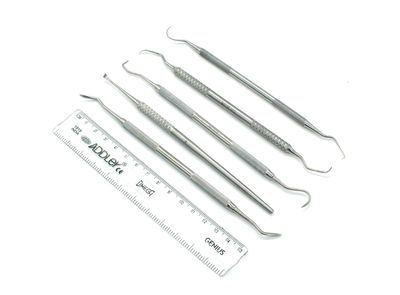 ADDLER DENTAL TEETH HYGIENE ORAL CARE KIT OF AMALGAM CARVER, SCALER, UNIVERSAL SCALER, CURETTES, EXPLORER D/E. SERRATED DOUBLE ENDED, 6 MM HANDLE AUTOCLAVABLE SET OF 5 .LIFE TIME ANTI RUSTING WARRANTY.