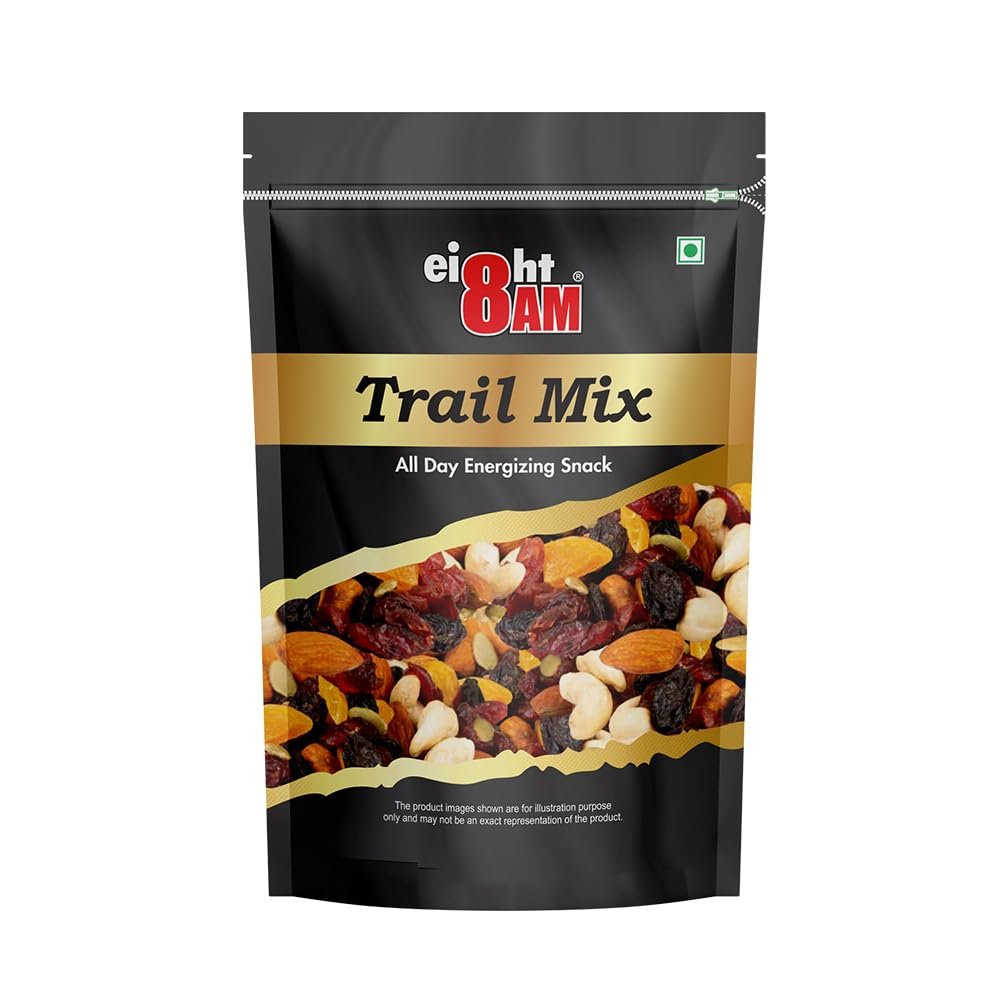 8AM Trail Mix Dry Fruits & Nuts, 200gm, Made with Nutritious Ingredient Cranberries, Cashew, Almonds, Black Raisin, Dried mango, Pumpkin Seeds, Healthy and Tasty Snack, Rich Source of Zinc, Potassium and Iron