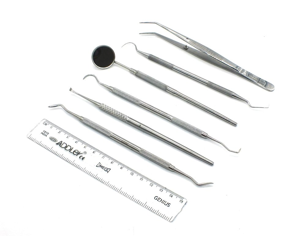 ADDLER Dental Dog Teeth Build Up And Plaque Remover Kit Of Amalgam Carver, Scaler, Universal Scaler, Explorer, Mouth Mirror With Handle, Tweezer. Serrated Double Ended, 6 MM Handle. Qty 5.
