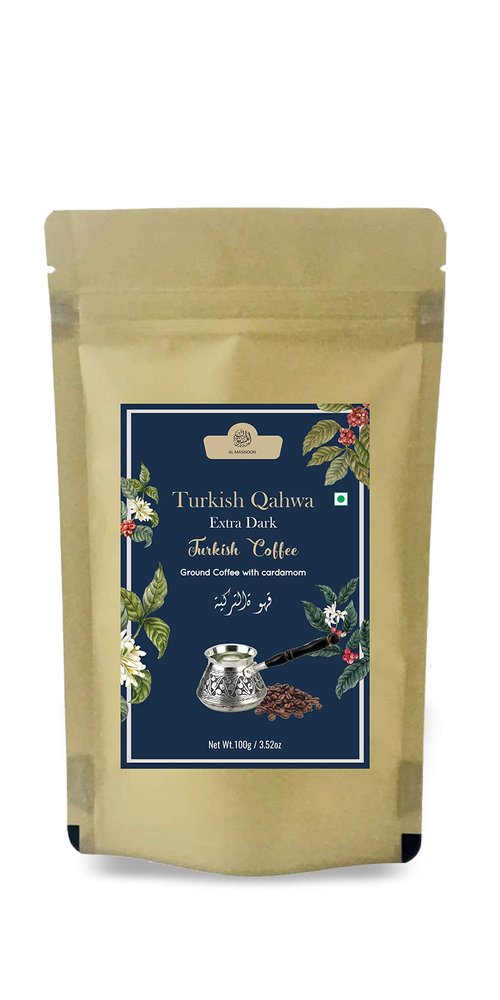 Al Masnoon Turkish Qahwa|Turkish Coffee|Extra Dark Ground Coffee Bag with Cardamom 100G (Pack of 1)