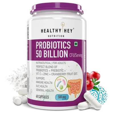 HealthyHey Nutrition Probiotics 50 Billion CFU Multi- Strains, 60 Veg. Capsules, Targeted Release Technology, Stomach Acid Resistant, No Need for Refrigeration, Non-GMO, Gluten-Free