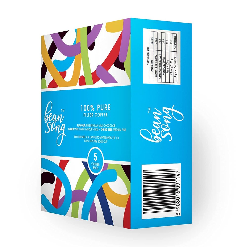 Bean Song 100% Pure Filter Coffee Drip Bags (5 Easy Pours) Pack of 1 - Dark Roast & Fine Ground Beans | Flavour - Belgian Milk Chocolate