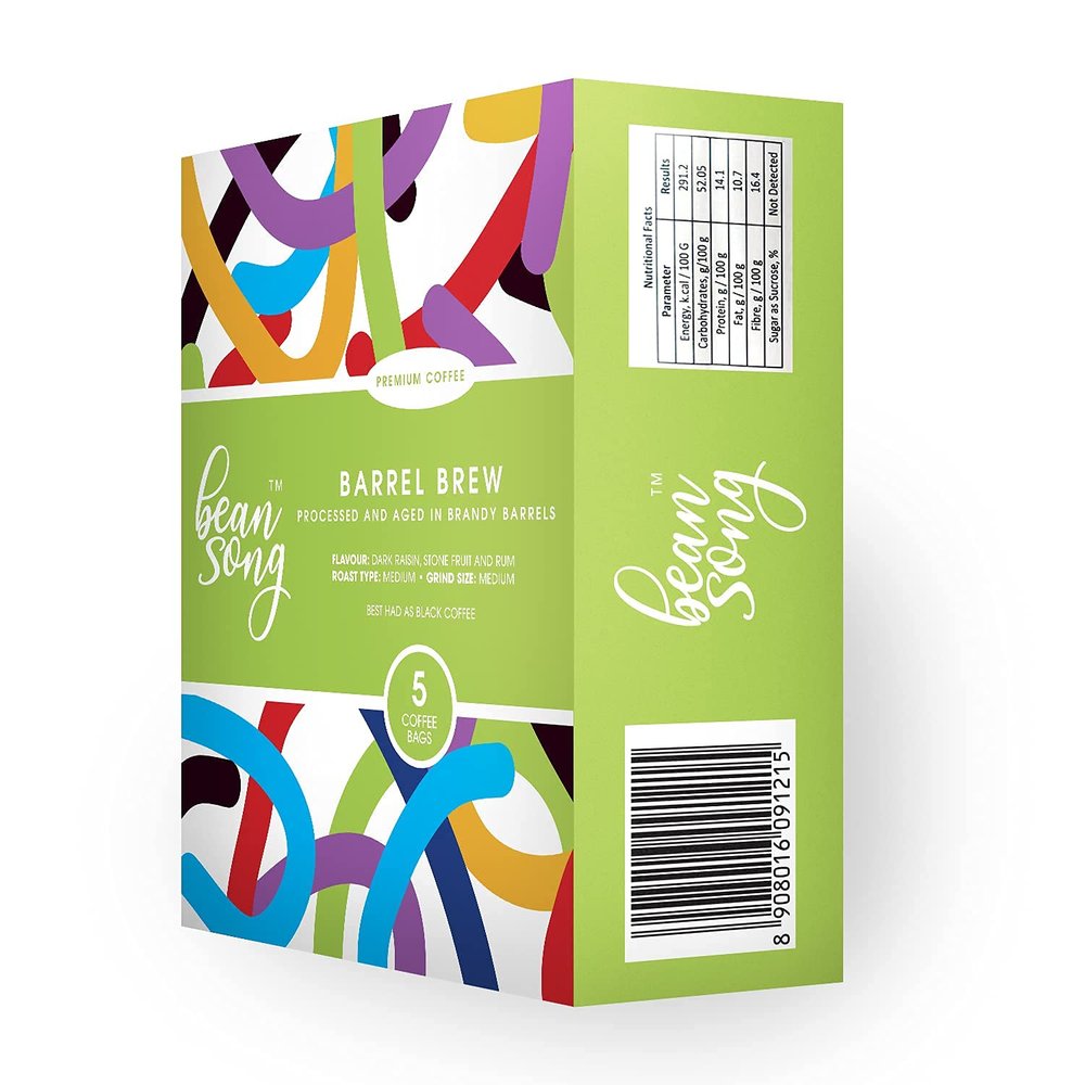 Bean Song Premium Barrel Brew Coffee Drip Bags - Aged in Brandy Barrels (5 Easy Pours) | Equipment Less | Medium Roast Beans | Flavour - Dark Raisin, Stone Fruit, Rum