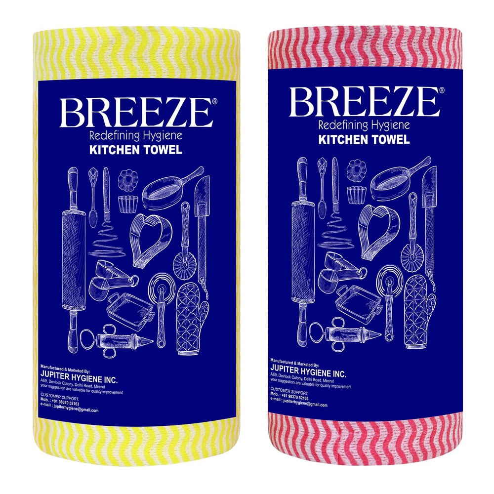 BREEZE Non-Woven Kitchen Towel Roll Highly Absorbent & Extra Soft Tissue Reusable Paper Natural Fibers 80 Pulls Per Roll (Pack of 2, Multicolour)