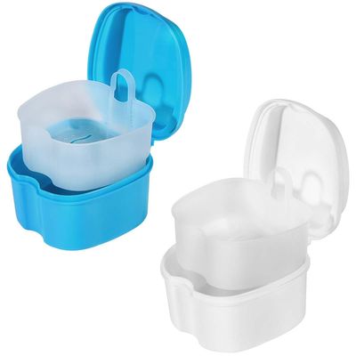 KISEER 2 Pack Colors Denture Bath Case Cup Box Holder Storage Soak Container with Strainer Basket for Travel Cleaning (Light Blue, White)