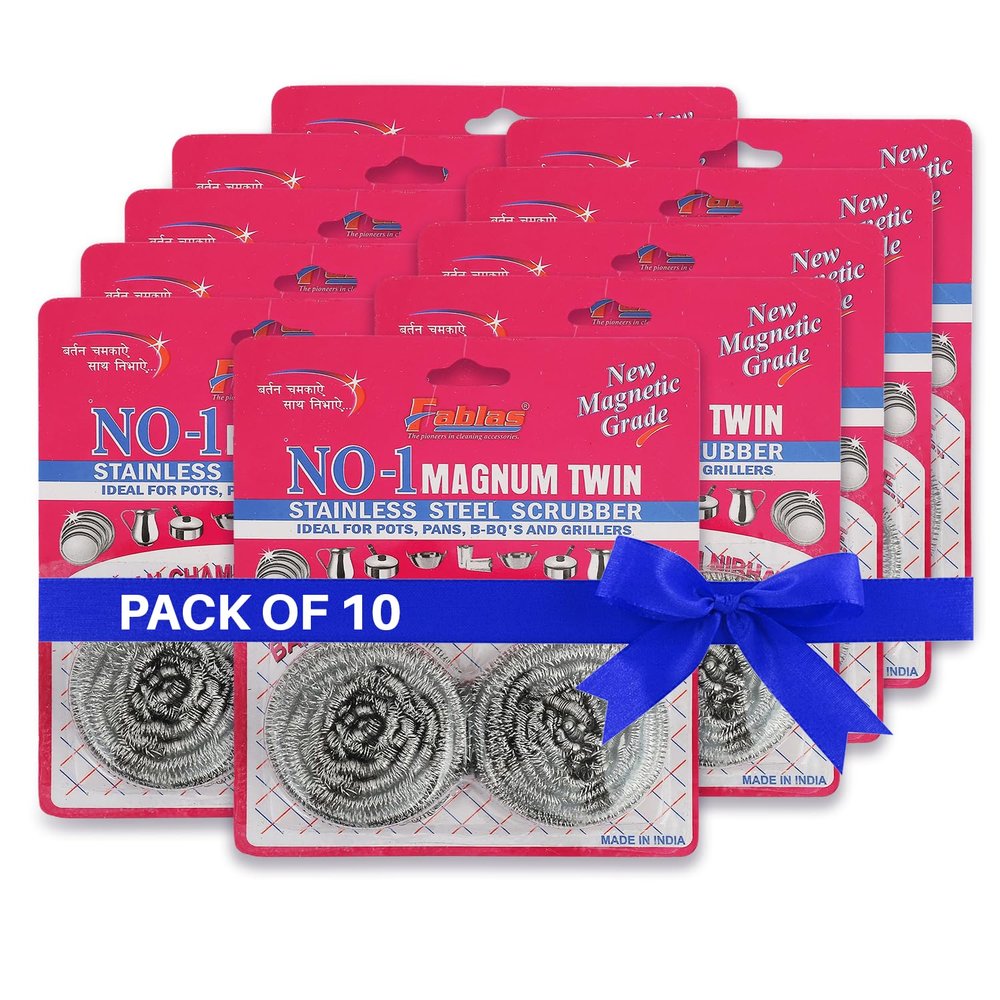 Fablas No.1 Magnum Twin Stainless Steel Scrubber 20 Pcs - 430L Magnetic Grade, Rust-Resistant, Hygienic, Odor-Free, Safe on Hands, Flexible Mesh for Tough Dirt Removal (Pack of 10)