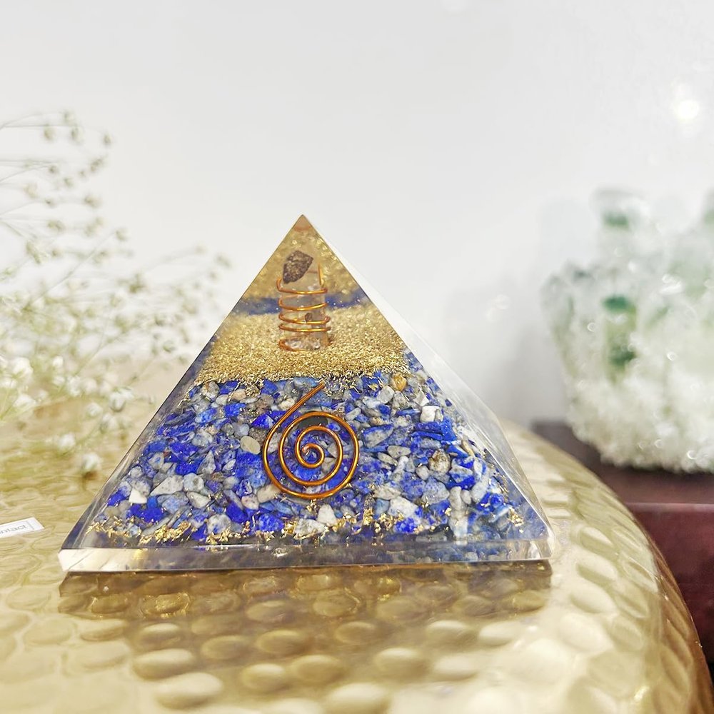 9Dzine Feng Shui Lapis Lazuli Orgonite Orgone Pyramid with Crystal and Copper Lapis Lazuli Orgone Pyramid with Crystal Point Pencil for Orgone Healing Positive Energy