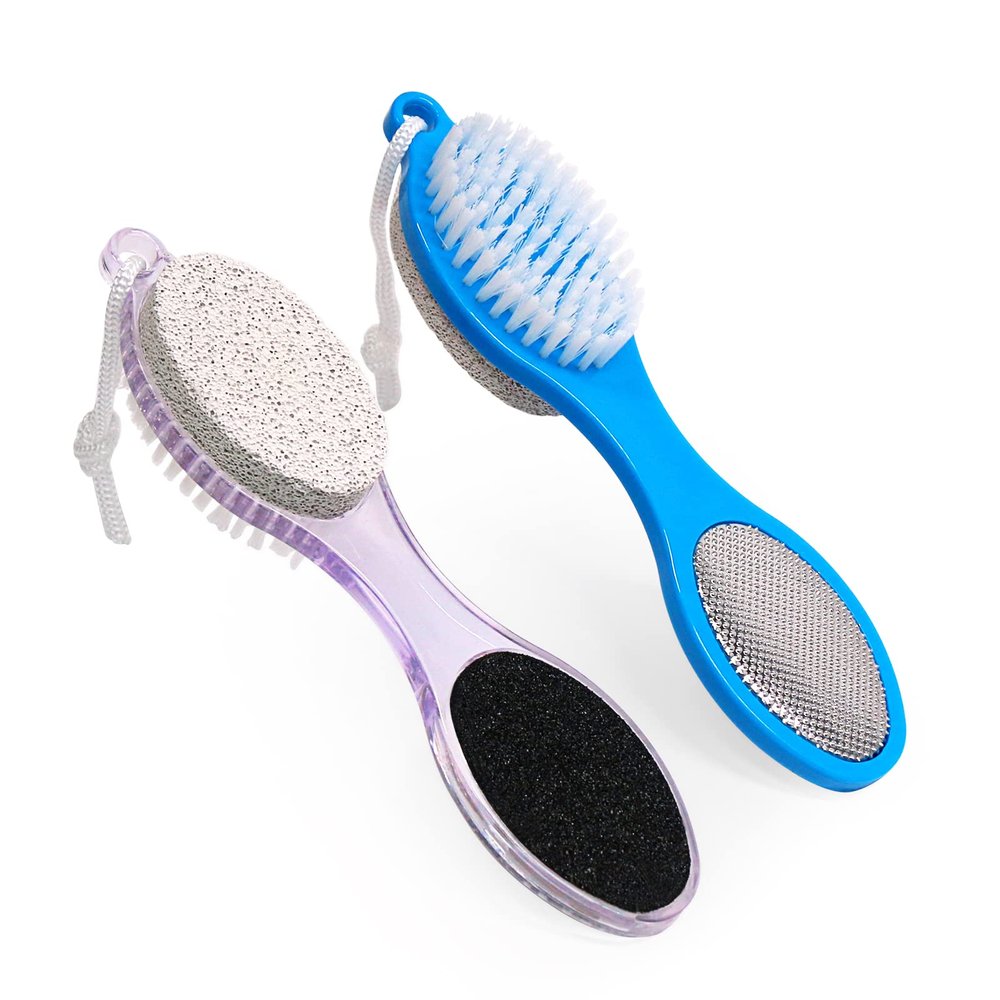 Fangze Pumice Stone Brush for Feet, 2 Pack Foot Brush Scrubber 4 in 1 Pedicure Paddle Kit for Foot Care ( Lilac and Blue)