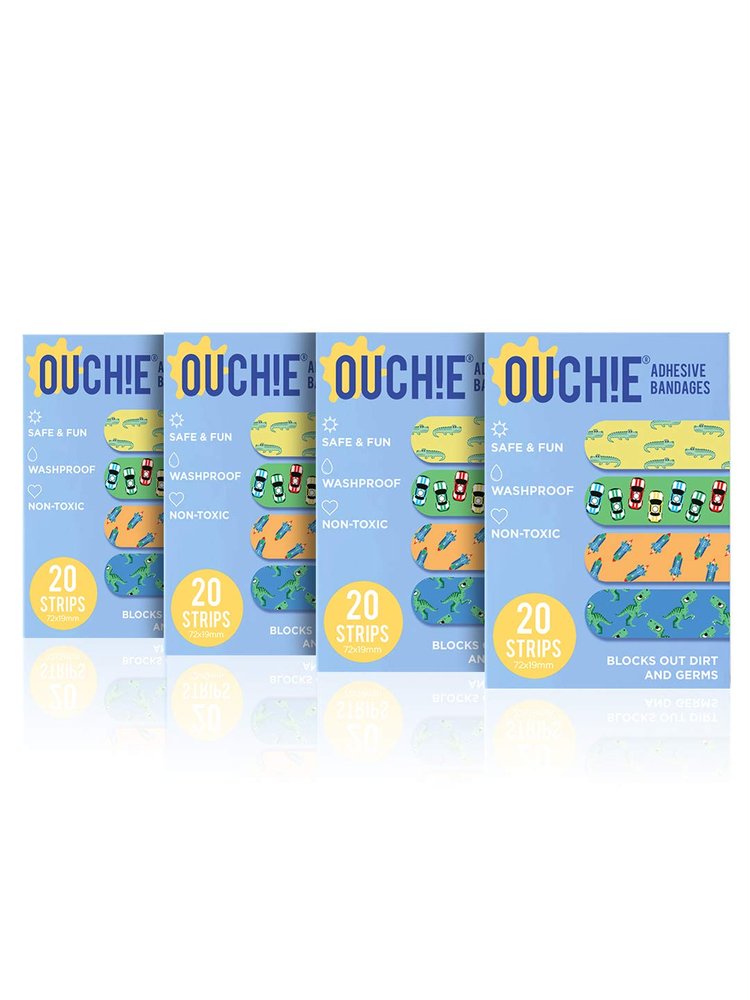 Aya Papaya Ouchie Non-Toxic Printed Bandages Quadruple Set Of 4 (20 strips each) - Blue