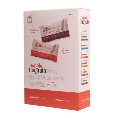 The Whole Truth - Protein Bars | Assorted Pack of 6 x 52g (3 Double Cocoa + 3 Cranberry) | No Preservatives | No Artificial Sweeteners | No Gluten or Soy | All Natural Ingredients