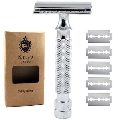 Krisp Beauty Stainless Steel Heavy Duty Double Edge Safety Razor Wet Shaving Kit for Men with 5 Platinum Blades