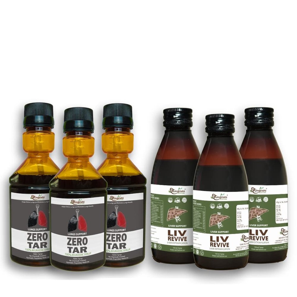 Hindrishi Ayurveda Zero Tar & Liv Revive Syrup, Lungs and Liver Detox - Removes Tar from Lungs and Liver Due to Air Pollution & Smoke, Liver Detox for Fatty Liver, Indigestion and for Healthy Liver Function, A Complete Liver and Lungs Detox Supplemen
