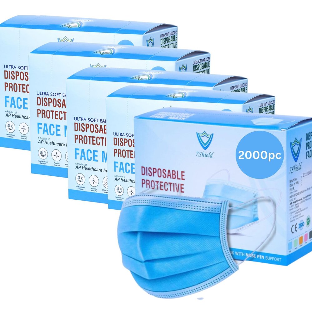7Shield Melt-Blown Fabric Disposable Face Mask (Blue, Pack of 200) with Nose Clip for Unisex | ISO CE GMP SITRA Certified |Soft Spandex Earloop