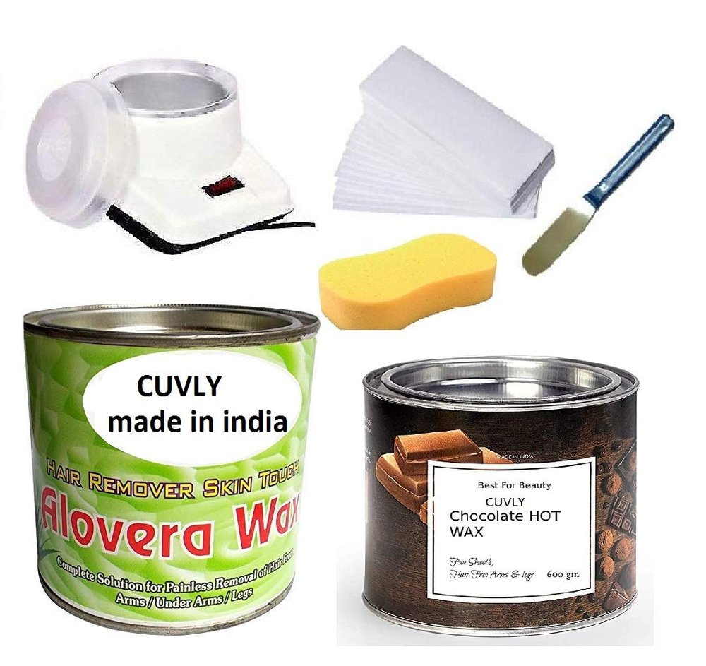 CUVLY Wax Heater Waxing Kit Combo (Wax Heater + Chocolate Wax (600 gm) + Aloe vera (600 gm) + Wax Strips (70) + Wax Spatula + Sponge)
