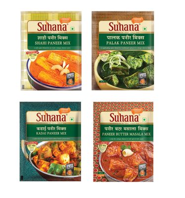 Suhana Paneer Combo Pack of 8 - Paneer Butter 50g x 2, Shahi Paneer 50g x 2, Palak Paneer 50g x 2, Kadai Paneer 50g x 2