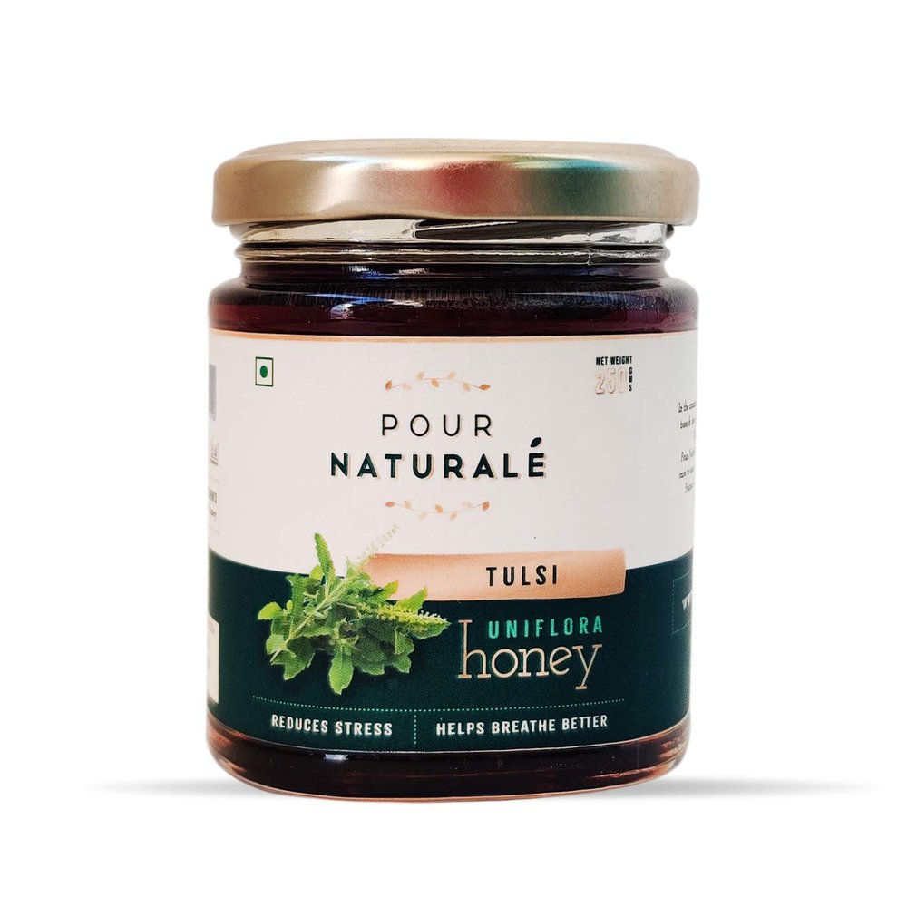 Pour Natural Honey: Tulsi Honey | Pure Natural Honey  Unifloral | Beneficial for respiratory system | Reduces stress | 500 gm, Glass Jar (250gm)