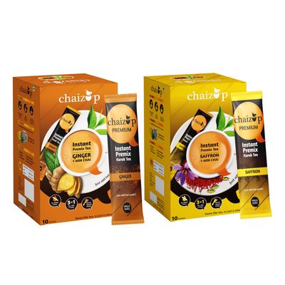 Chaizup Premium 1 Min Instant Assorted Tea Pack - 20 Sachets | Ginger & Saffron Flavours | 20 Servings | 2 Packs (10 Flavours Each) | 280g