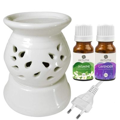 Aatiutik Ceramic Electric Aroma Diffuser Night Lamp Light with Lemongrass Jasmine Aroma Oil 10ml Each for Home Office Hotel Spa (Color - 3)