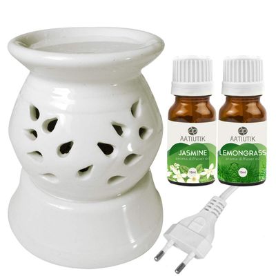 Aatiutik Ceramic Electric Aroma Diffuser Night Lamp Light with Lemongrass Jasmine Aroma Oil 10ml Each for Home Office Hotel Spa (Color - 2)