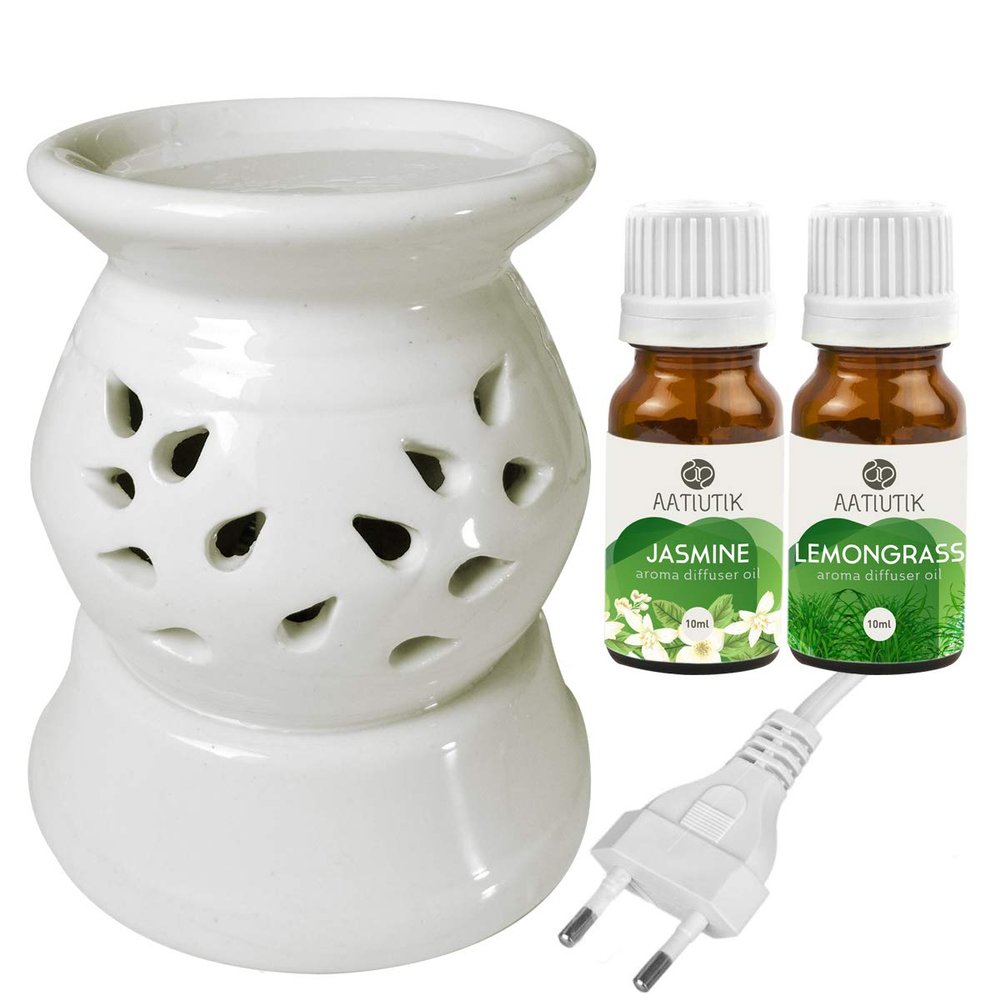 Aatiutik Ceramic Electric Aroma Diffuser Night Lamp Light with Lemongrass Jasmine Aroma Oil 10ml Each for Home Office Hotel Spa (Color - 2)
