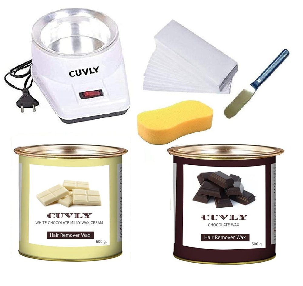 CUVLY Waxing Kit Combo Wax Machine, Wax Heater, Chocolate Wax - 600 g, White Chocolate Wax - 600 g, Wax Strips 70 pc, Wax Spatula (Knife), Cleaning Sponge