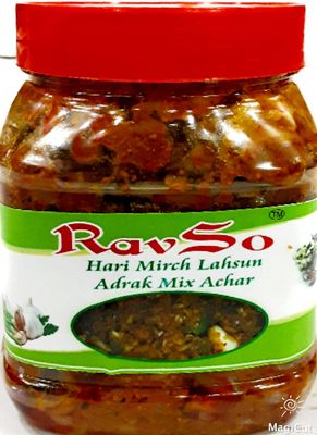 Ravso Advait Indian and Home Made Natural Farm Fresh Adrak lahsun Hari mirch ka Mix (adrak, Hari mirch, lahsun ka Mix Achar 500gm