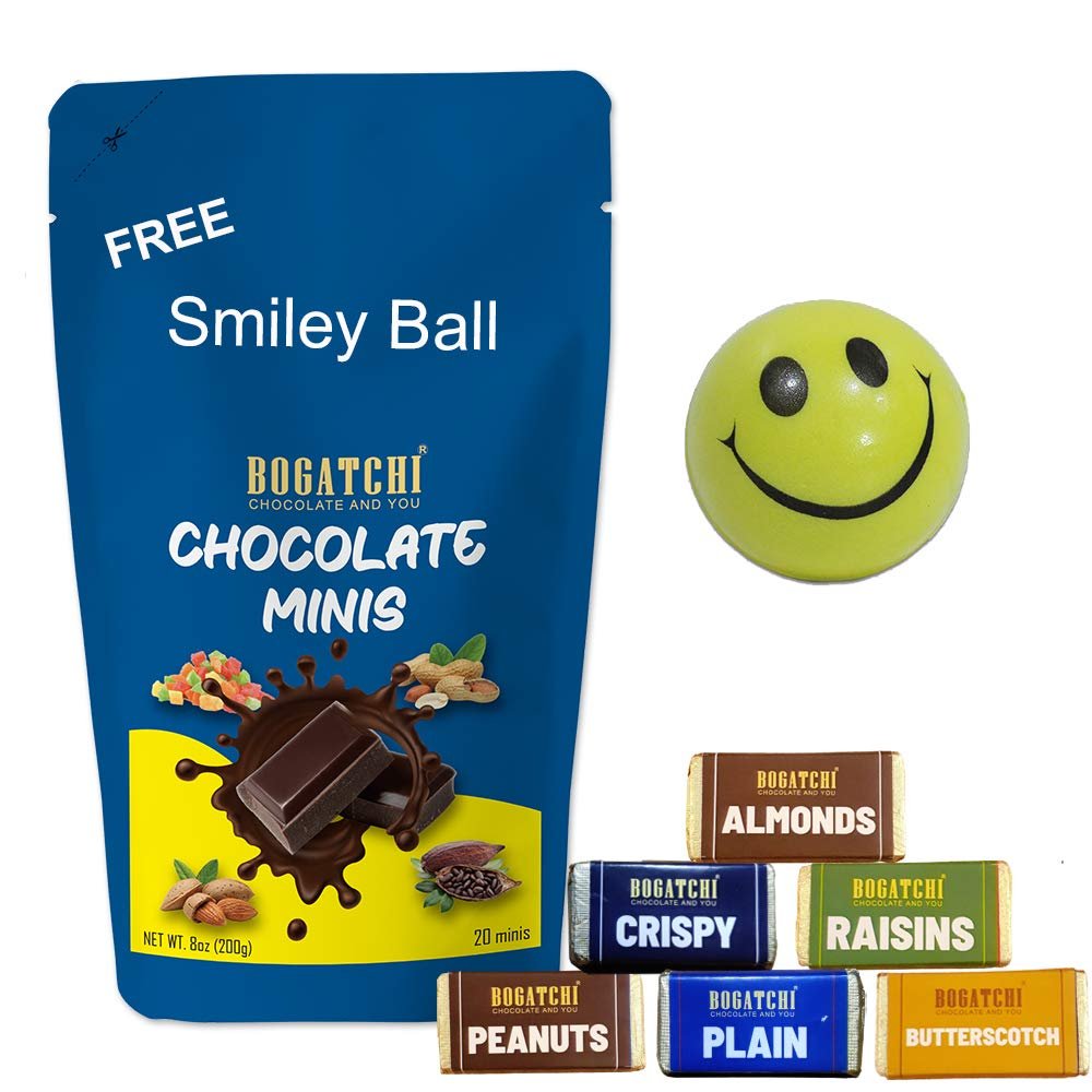 BOGATCHI Dark Chocolate Minis - Raisins, Almonds, Crispy, Peanuts, Plain, Butterscotch Nuts |Bite Size Chocolate | Assorted Chocolates Family Pack , Miniature Chocolates, 200g , Free Smiley Ball