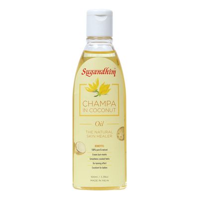 Sugandhim Cold Pressed Virgin Coconut Oil 100ml with Champa Flower, Body Massage Oil for Face & Skin Moisturization, Undiluted Pure Natural Nariyal Hair Oil Chemical Free - Ideal for New Born Babies