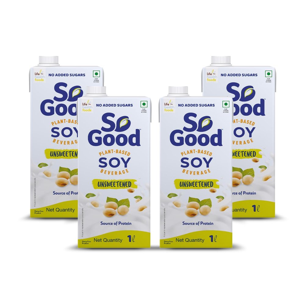 So Good Plant Based Soy Beverage Unsweetened 4 L (4 x 1000 ml) | Lactose Free | No Added Sugar | Gluten Free | No Preservatives | Zero Cholesterol | Dairy Free |NON GMO Soybean
