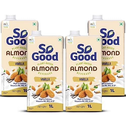So Good Plant Based Almond Beverage Vanilla 4 L (4 x 1000 ml) | Lactose Free | Gluten Free | No Added Preservatives | Zero Cholesterol| Dairy Free