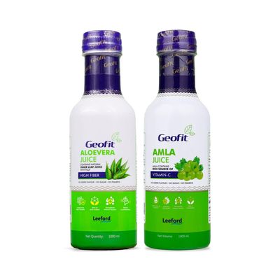 Geofit Aloevera & Amla Juice Pack of 2 (1 Ltr Each) Rich Source of Vitamin C | Hight Fibre Pure and Natural | Paraben Free | For Better Digestion and Health Skin | Helps in Boost Immunity
