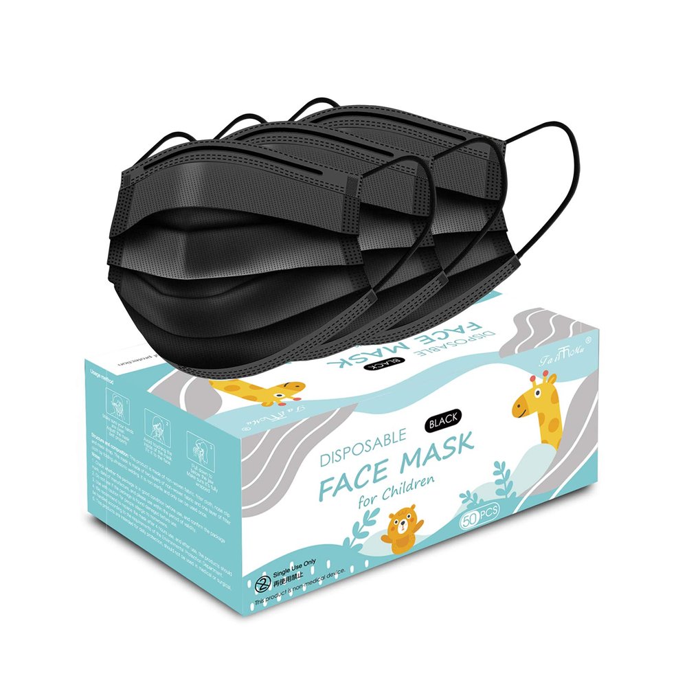 Taimu TM Non-Woven Fabric Disposable Masks for Protection, Breathable & Cute Facemasks for Children (Black, Without Valve, Pack of 50) for Kids