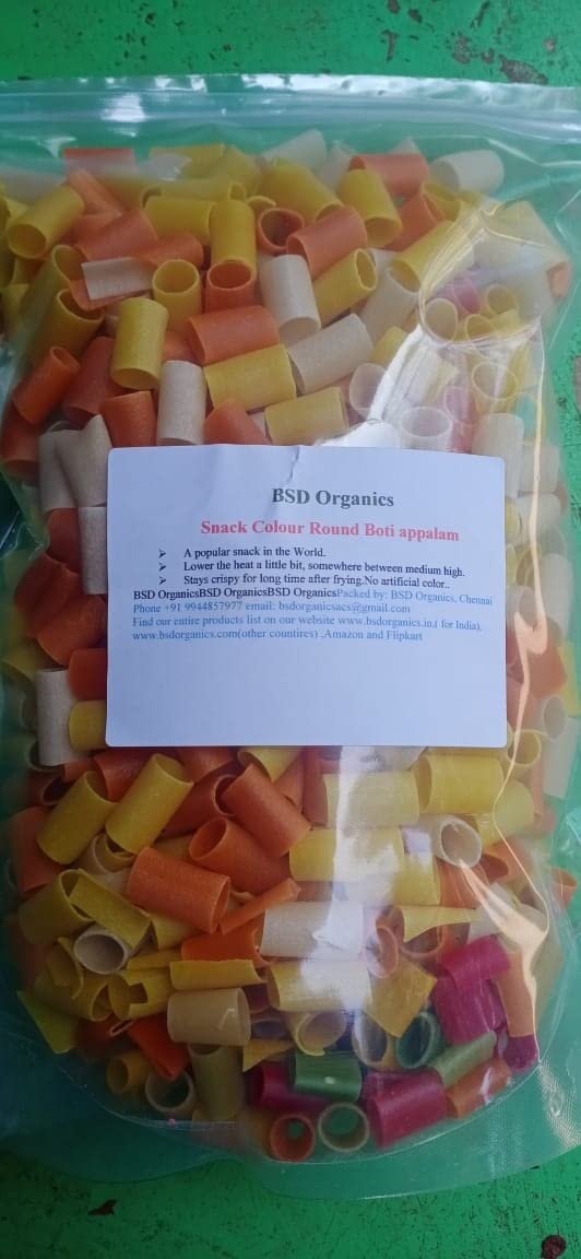 BSD Organics Ready to Fry Vegetarien Snack Colour Round Boti appalam/pratiyogee vafal -1 KiloGram