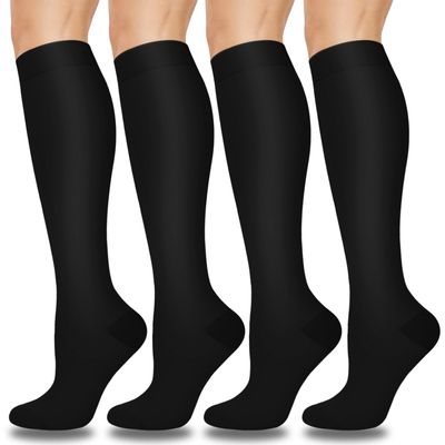 Aoliks Nylon Blend Compression Knee Length Socks For Women & Men Circulation (4 Pairs)- Best Support For Nurses, Running, Hiking, Medical, Pregnancy, Black
