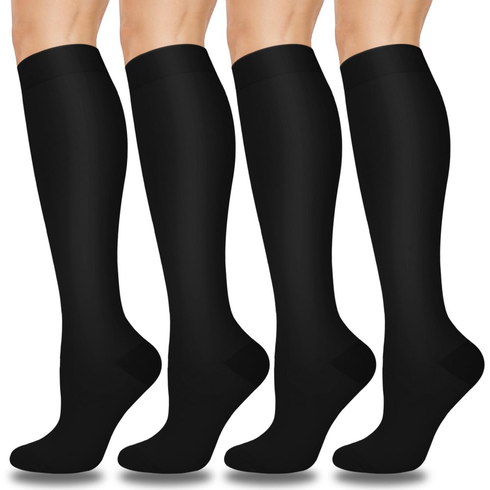 Aoliks Nylon Blend Compression Knee Length Socks For Women & Men Circulation (4 Pairs)- Best Support For Nurses, Running, Hiking, Medical, Pregnancy, Black