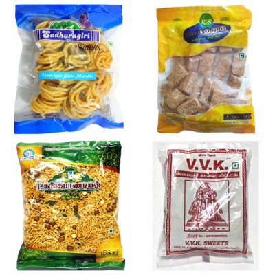 Thangapandiyan Special Mixture 250gm + Kovilpatti VVK Kadalai Mittai 225gm + KPN Ko Ko Mittai (Crushed Groundnut Chikki Candy) 200gm + Sadhuragiri Thenkuzhal Murukku 120gm (850 Grams)