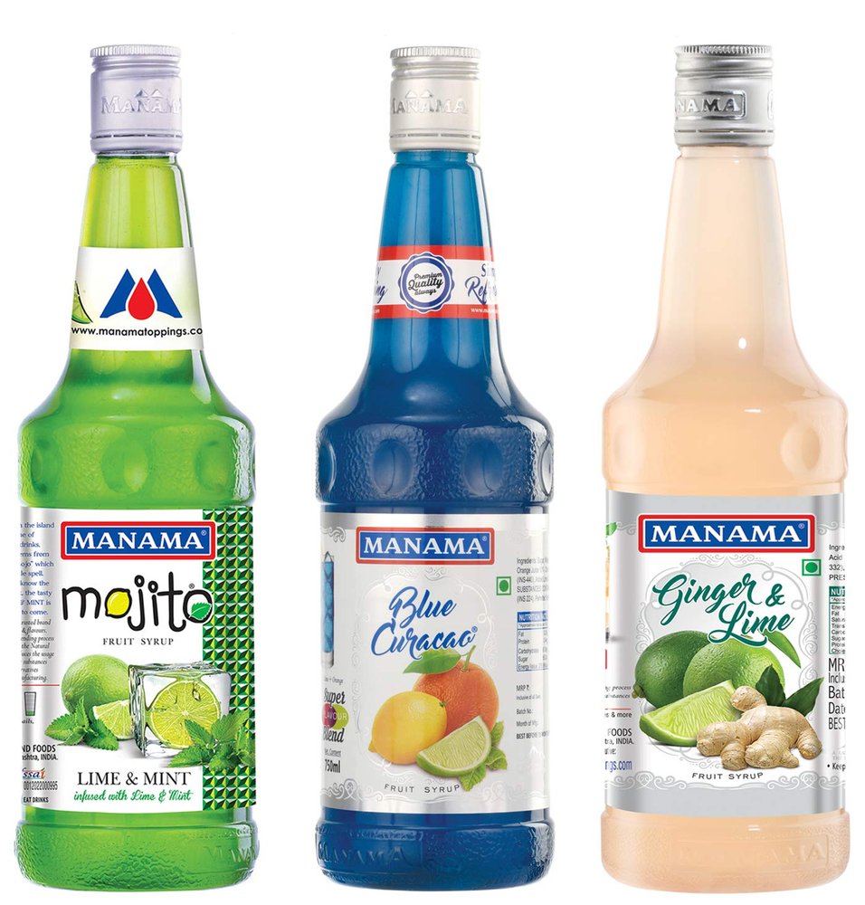 Manama Lime and Mint, Blue Curacao Syrup and Ginger and Lime Syrup, 750ML Each, Pack of 3