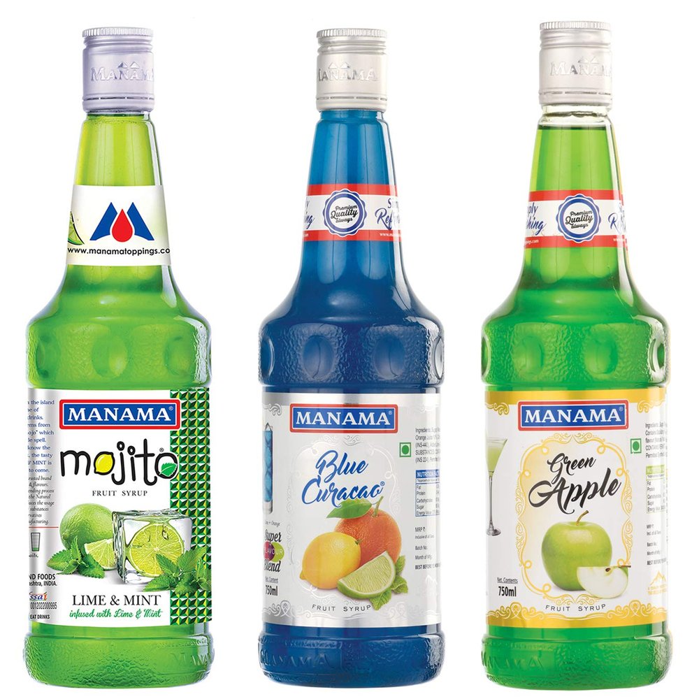 Manama Lime and Mint, Blue Curacao Syrup and Green Apple Fruit Syrup, 750ML Each, Pack of 3