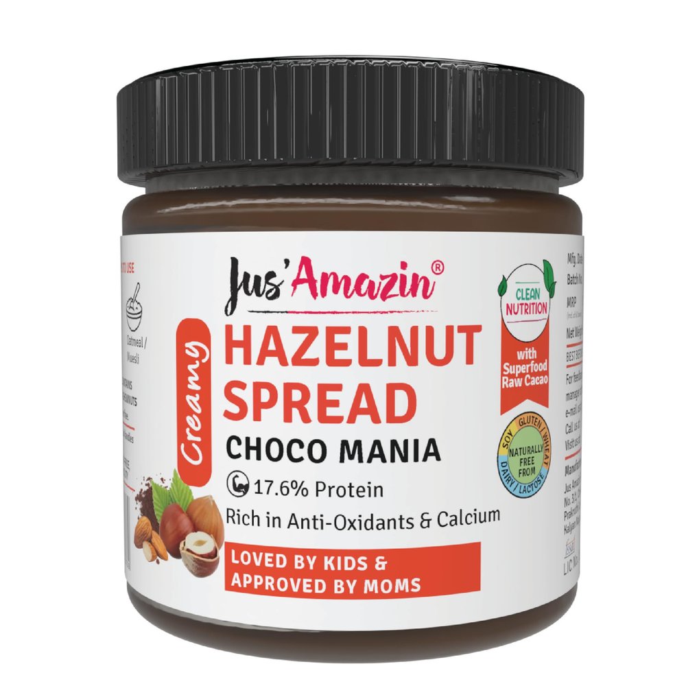 Jus' Amazin Creamy Hazelnut Spread - Choco Mania (200g) | 80% Nuts & 75% less sugar | No Emulsifiers/Hydrogenated Fats (0% Chemicals)| No Refined Sugar | Plant Based | Chocolate Spread