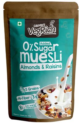 Calvay's VegRich Zero Added Sugar Breakfast Muesli-(Almonds & Raisins) Diabetic Friendly | Sugar Free Muesli - Rolled Oats + Wheat Flakes + Barley + Almonds and Raisins- 320g