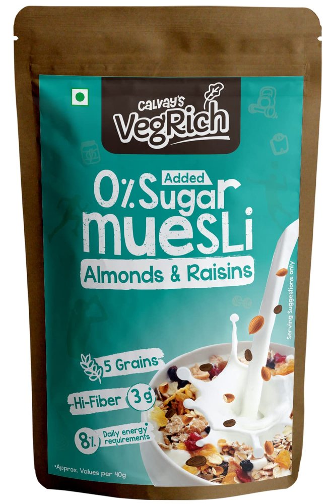 Calvay's VegRich Zero Added Sugar Breakfast Muesli-(Almonds & Raisins) Diabetic Friendly | Sugar Free Muesli - Rolled Oats + Wheat Flakes + Barley + Almonds and Raisins- 320g