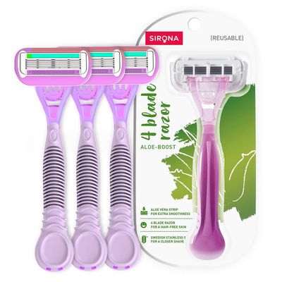 Sirona Women's Razor With Aloe Boost - 4-Blade Hair Remover for Smooth Arms, Legs, Underarms & Bikini Line - Reusable Body Razor (Pack of 3)