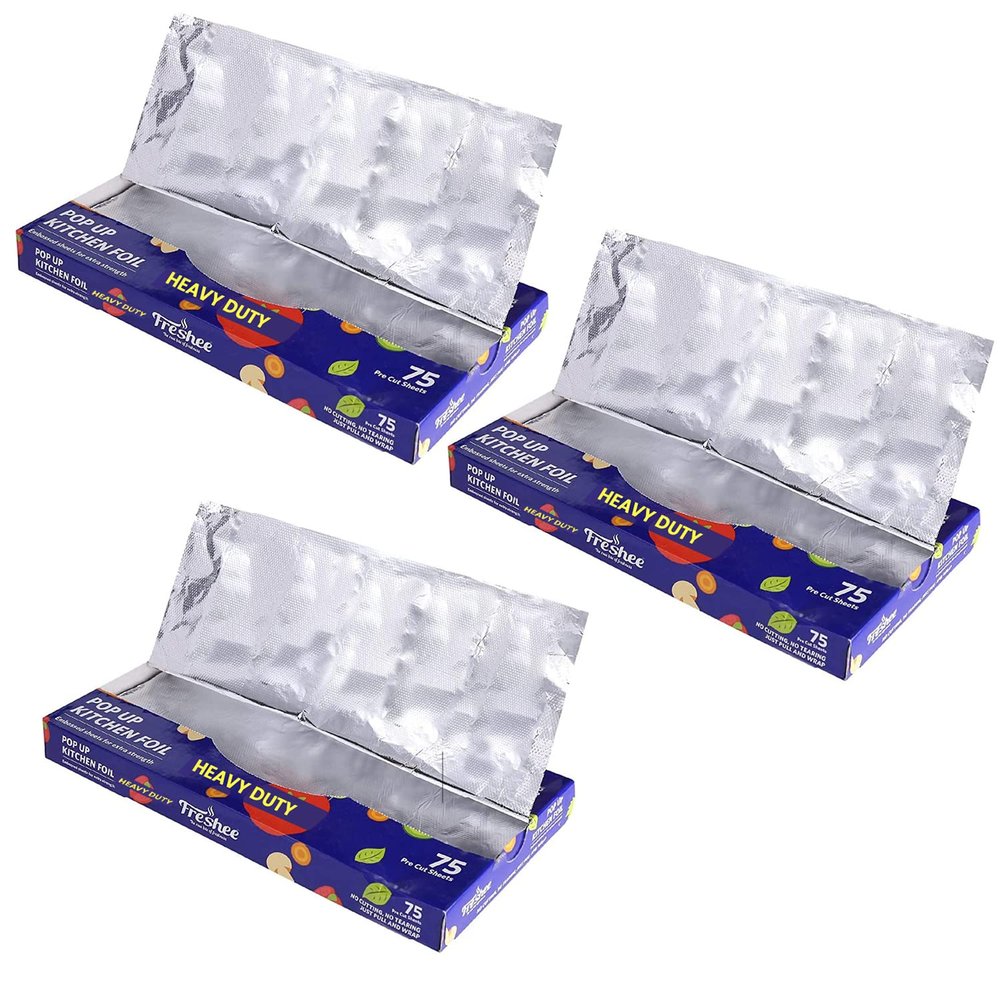 Freshee 225 Pre Cut Heavy Duty Aluminium Foil Roti Wrapping Sheets Pack of 3 x 75 Sheets Each, Pop up Kitchen Foil, Silver Foil Sheets for Roasting, Grill Lining and More