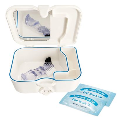 Denture storage box with mirror and cleaning brush, storage box for orthodontic teeth, retainer, etc.